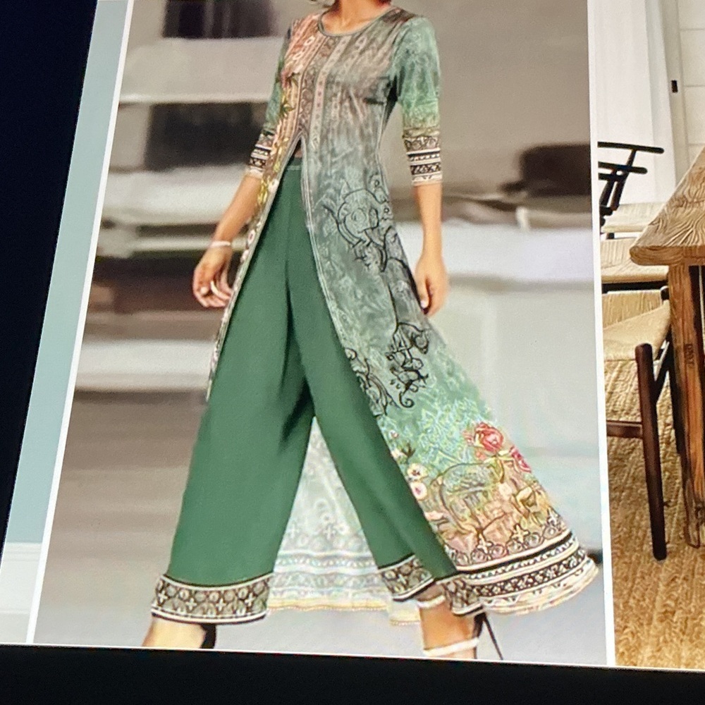 Women’s Green Printed Wide-Leg Pants & Tunic Set